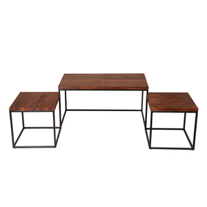 3 Piece Solid Wood Coffee Table Set With Grain Details And Metal Frame, Brown