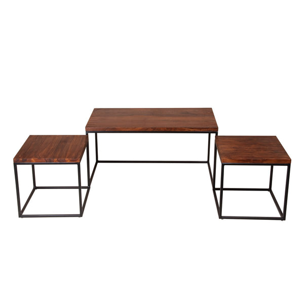 3 Piece Solid Wood Coffee Table Set With Grain Details And Metal Frame, Brown
