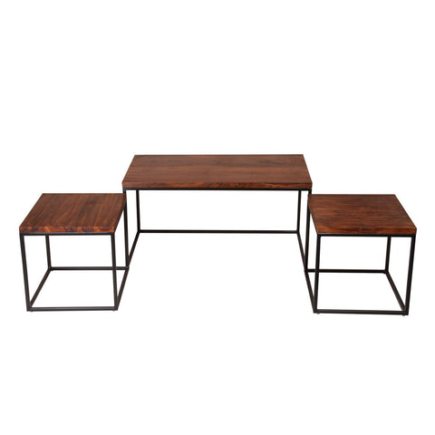 3 Piece Solid Wood Coffee Table Set With Grain Details And Metal Frame, Brown