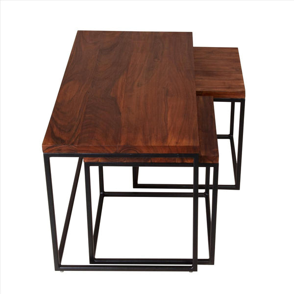 3 Piece Solid Wood Coffee Table Set With Grain Details And Metal Frame, Brown