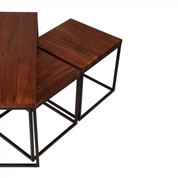 3 Piece Solid Wood Coffee Table Set With Grain Details And Metal Frame, Brown