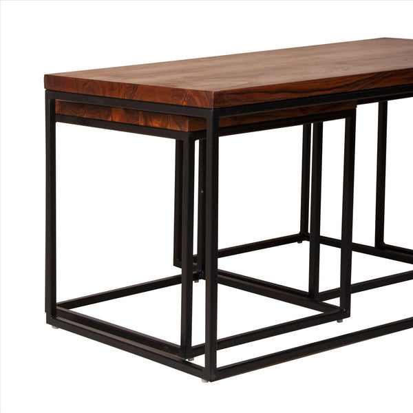 3 Piece Solid Wood Coffee Table Set With Grain Details And Metal Frame, Brown