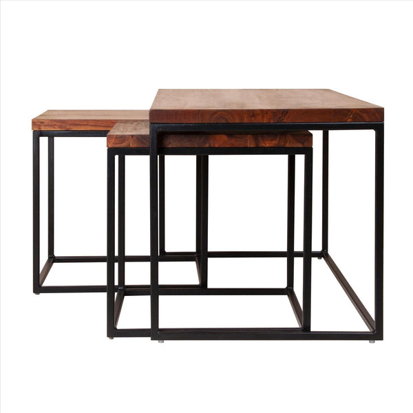 3 Piece Solid Wood Coffee Table Set With Grain Details And Metal Frame, Brown