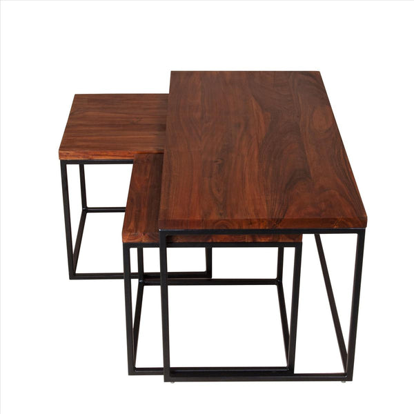 3 Piece Solid Wood Coffee Table Set With Grain Details And Metal Frame, Brown