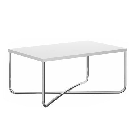 Coffee Table With Rectangular Top And X Base, White And Chrome