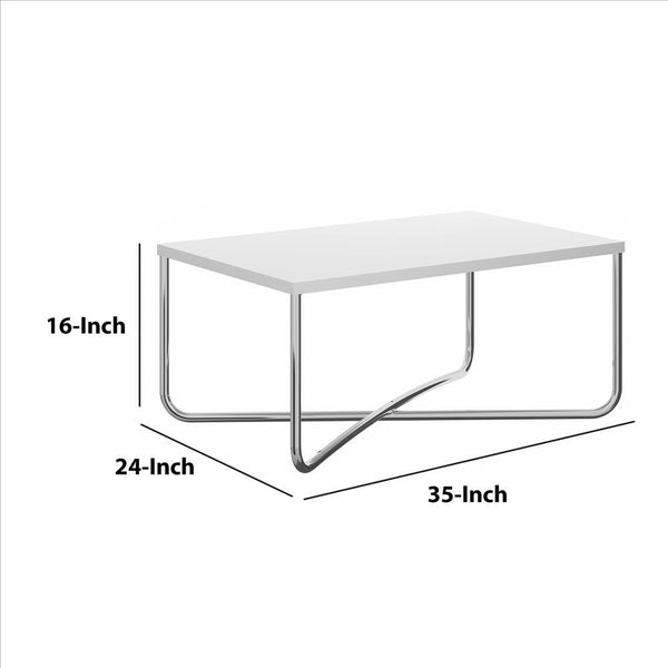 Coffee Table With Rectangular Top And X Base, White And Chrome