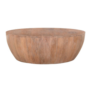 Drum Shape Wooden Coffee Table With Plank Design Base, Distressed Brown