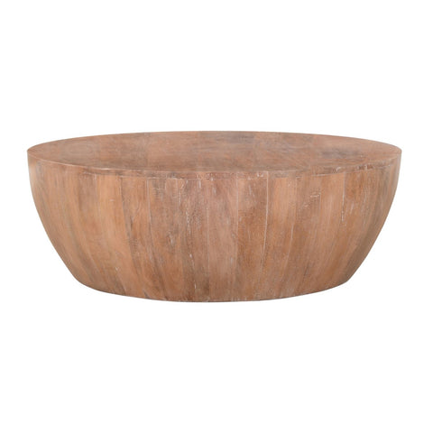 Drum Shape Wooden Coffee Table With Plank Design Base, Distressed Brown