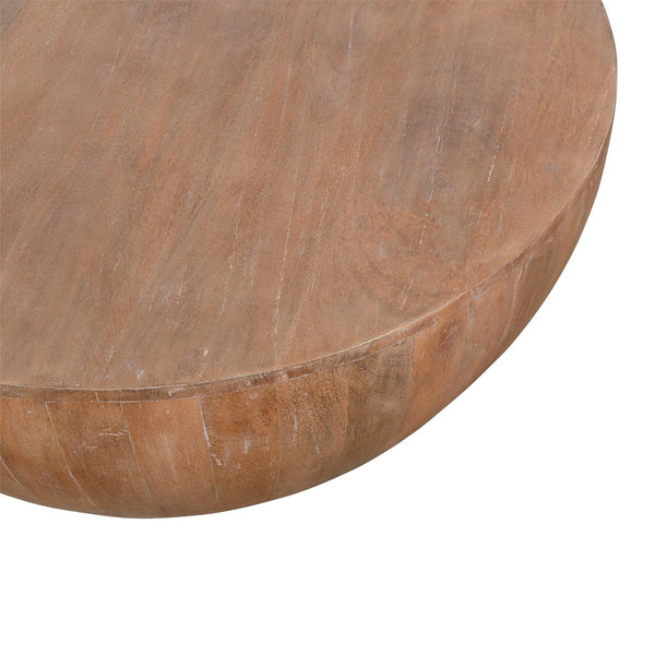 Drum Shape Wooden Coffee Table With Plank Design Base, Distressed Brown