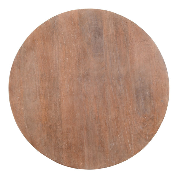 Drum Shape Wooden Coffee Table With Plank Design Base, Distressed Brown