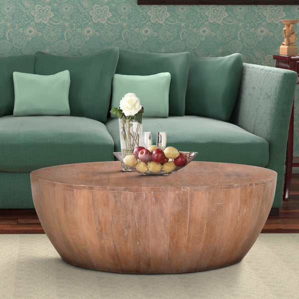 Drum Shape Wooden Coffee Table With Plank Design Base, Distressed Brown