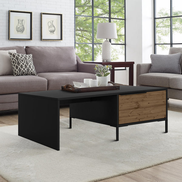 Wood And Metal Rectangular Accent Coffee Table With Drawer, Brown And Black