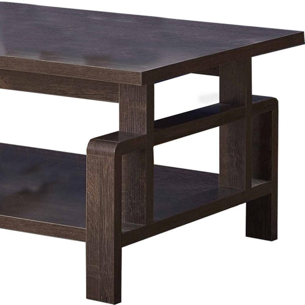 Wooden Coffee Table With 1 Open Shelf And Inverted U Shaped Accent, Brown