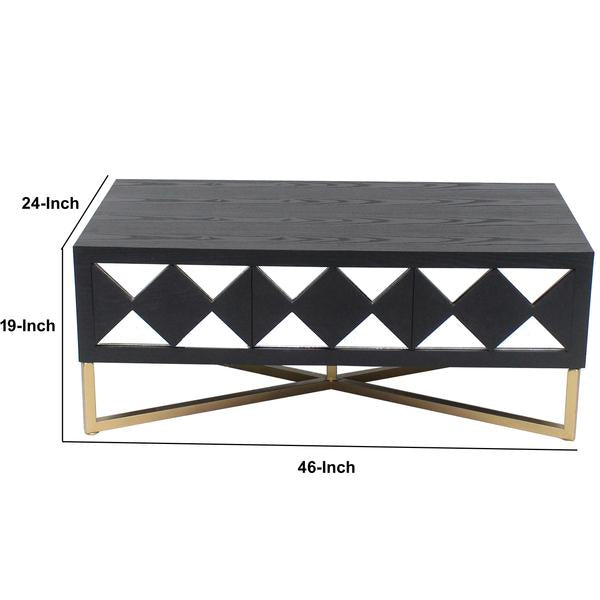 Wooden Coffee Table With 3 Drawers And X Shape Base, Black And Gold - BM204727