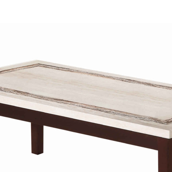 Wooden Coffee Table With Block Legs And Faux Marble Top, Brown And Beige - BM210209