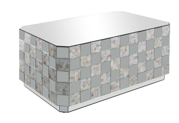 Wooden Coffee Table With Checkered Pattern Mirror Insets, Silver