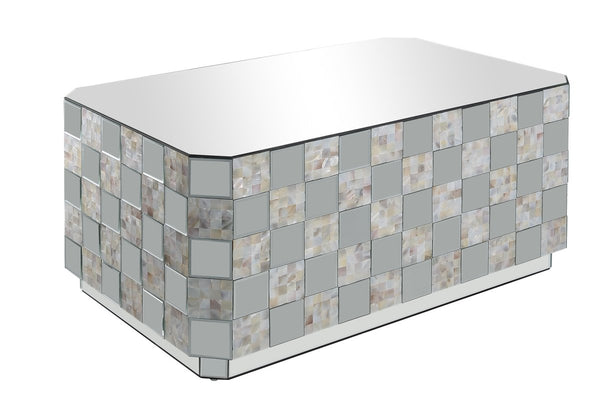 Wooden Coffee Table With Checkered Pattern Mirror Insets, Silver