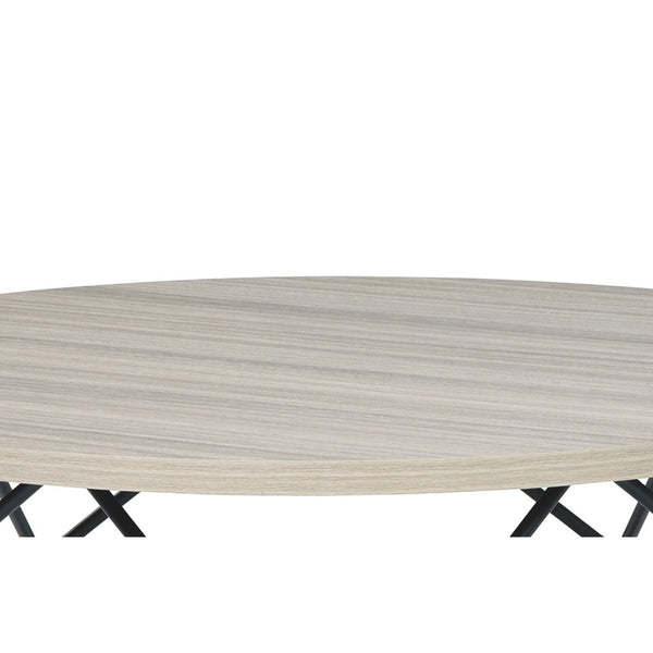 Wooden Top Round Cocktail Table With Open Geometric Base, Gray And Black