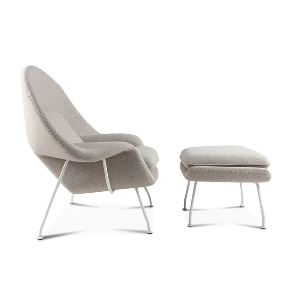 Daire Chair & Ottoman - Light Grey Cashmere Wool - White Metal Base