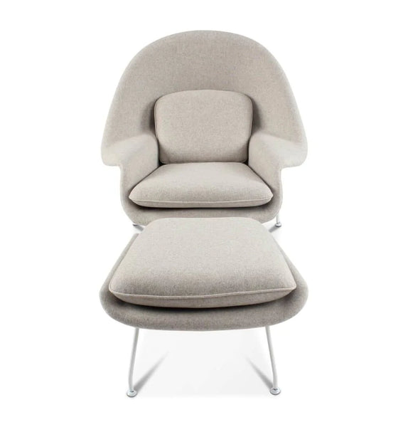 Daire Chair & Ottoman - Light Grey Cashmere Wool - White Metal Base